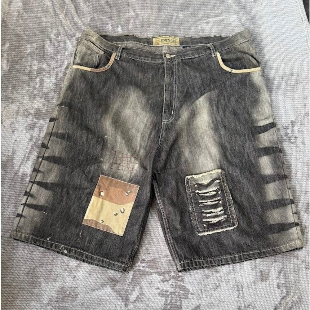 Kenneth David Mens Denim Shorts Black Camo Patchwork Distressed Y2K Baggy 44x14